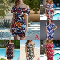 Sexy Off-shoulder Boat Neck Slim Fit Printed Dress