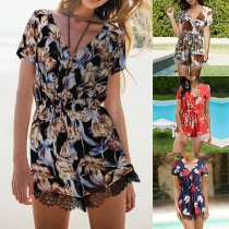 Fashion Short Sleeve V-neck Lace Spliced Hem Printed Romper