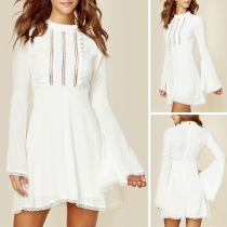 Elegant Solid Color Trumpet Sleeve Round Neck High Waist Dress