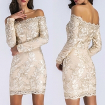 Sexy Off-shoulder Boat Neck Long Sleeve Slim Fit Sequin Party Dress
