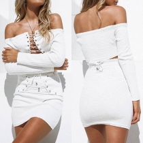 Sexy Long Sleeve Lace-up Crop Top + High Waist Skirt Two-piece Set