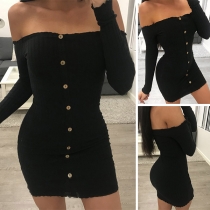 Sexy Off-shoulder Boat Neck Long Sleeve Single-breasted Slim Fit Dress