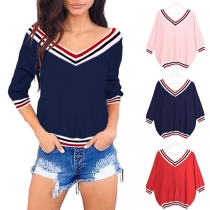Fashion Striped Spliced 3/4 Sleeve V-neck T-shirt