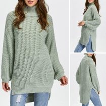 Fashion Solid Color Long Sleeve Turtleneck Slit Hem Sweater