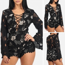 Sexy Lace-up Deep V-neck Long Sleeve Lace Romper