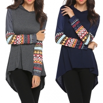 Fashion Printed Spliced Long Sleeve High-low Hem Hooded Sweatshirt
