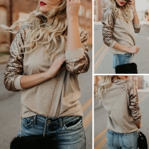 Fashion Sequin Spliced Long Sleeve Round Neck T-shirt 