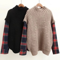 Fashion Plaid Spliced Long Sleeve Mock Neck Mock Two-piece Sweater