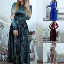 Elegant Solid Color Long Sleeve Round Neck High Waist Pleated Dress