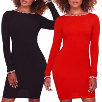 Elegant Solid Color Long Sleeve Round Neck Pearl Inlaid Tight Dress