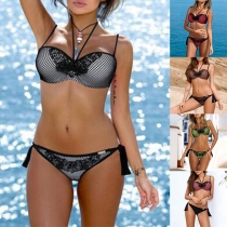 Sexy Hollow Out Lace Spliced Push-up Halter Bikini Set 