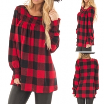 Fashion Long Sleeve Round Neck Plaid T-shirt 