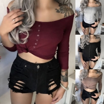 Sexy Off-shoulder Boat Neck Long Sleeve Solid Color T-shirt 