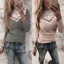 Fashion Long Sleeve Round Neck Lace Spliced Slim Fit T-shirt