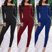 Sexy Off-shoulder Boat Neck Long Sleeve High Waist Tight Jumpsuit 