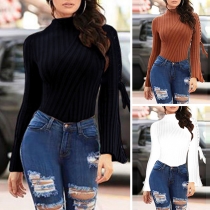 Fashion Solid Color Lace-up Trumpet Sleeve High Neck Bodysuit