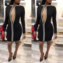 Sexy Long Sleeve Round Neck Pearl Inlaid Hollow Out Bodycon Dress