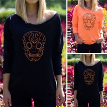 Simple Style Long Sleeve Round Neck Skull Head Printed T-shirt 