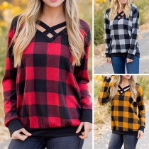 Fashion Crossover V-neck Long Sleeve Plaid T-shirt 