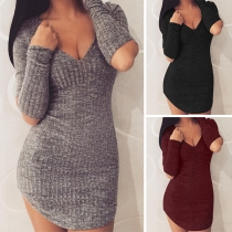 Sexy Deep V-neck Hollow Out Long Sleeve Solid Color Tight Dress
