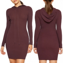 Fashion Solid Color Long Sleeve Slim Fit Hooded Dress