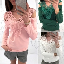Sexy Off-shoulder Long Sleeve Lace Spliced Solid Color T-shirt 