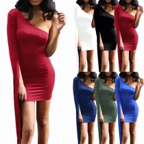Sexy One-shoulder Slit Long Sleeve Solid Color Slim Fit Party Dress