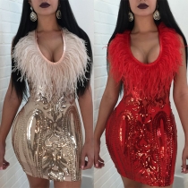 Sexy Deep V-neck Feather Spliced Slim Fit Sequin Dress