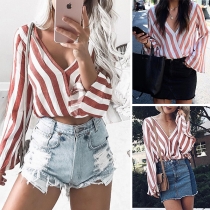 Sexy V-neck Trumpet Sleeve Striped Blouse