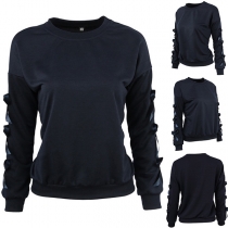Fashion Bowknot Long Sleeve Round Neck Solid Color Sweatshirt 