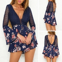 Sexy Backless Deep V-neck Lace Spliced Trumpet Sleeve Printed Romper