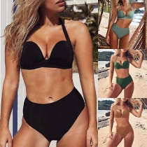 Sexy Solid Color High Waist Push-up Halter Bikini Set 