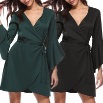 Sexy Deep V-neck Trumpet Sleeve Solid Color Dress