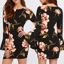 Sweet Style Trumpet Sleeve Round Neck Slim Fit Printed Dress
