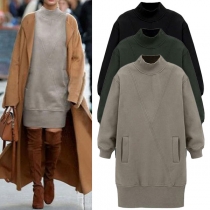 Fashion Solid Color Long Sleeve Mock Neck Loose Sweatshirt Dress