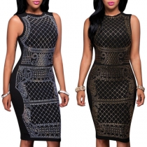 Elegant Style Rhinestone Spliced Sleeveless Round Neck Tight Dress