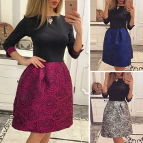 Fashion Printed Spliced 3/4 Sleeve Round Neck High Waist Dress