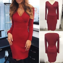 Sexy Deep V-neck Long Sleeve High Waist Slim Fit Solid Color Dress