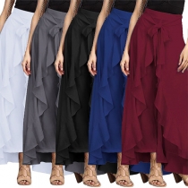 Fashion Solid Color High Waist Ruffle Hem Wide-leg Pants