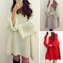 Fashion Solid Color Dolman Sleeve Round Neck Loose Sweater Dress