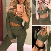 Fashion Solid Color Long Sleeve Hooded Crop Top + Pants Two-piece Set 