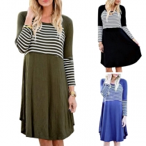 Fashion Striped Spliced Long Sleeve Round Neck Dress