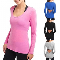 Sexy Backless Long Sleeve Round Neck Solid Color T-shirt 