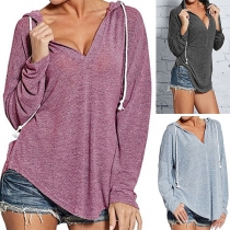 Fashion Solid Color Long Sleeve V-neck Loose Hoodie 