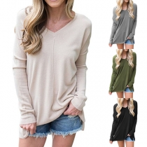 Casual Style Long Sleeve V-neck Solid Color Loose T-shirt 