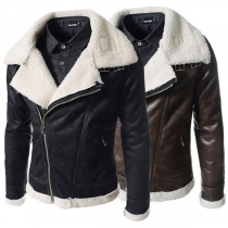 Fashion Imitation Cashmere Spliced Long Sleeve Oblique Zipper Men's PU Leather Jacket