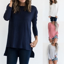 Fashion Solid Color Long Sleeve Round Neck High-low Hem T-shirt 