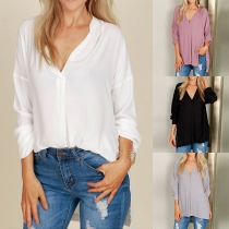 Sexy V-neck Long Sleeve Solid Color High-low Hem Chiffon Blouse
