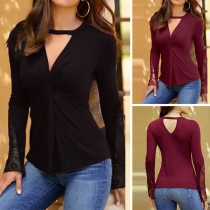 Sexy Lace Spliced Long Sleeve V-neck Twisted T-shirt 