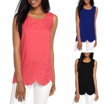 Fashion Solid Color Sleeveless Round Neck Hollow Out Hem Top 